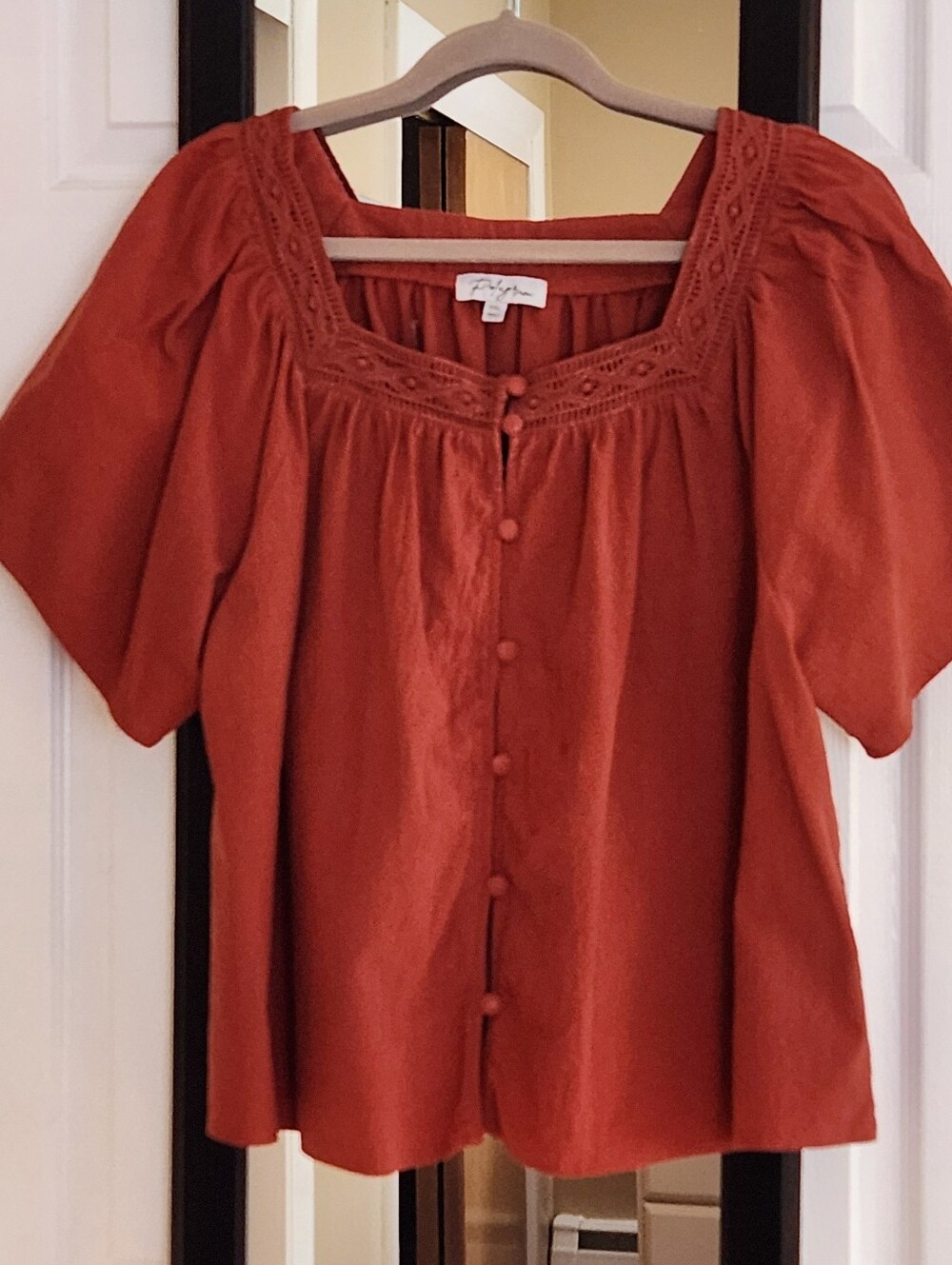 Polagram Dark Coral Square Neck Button-Front Blouse